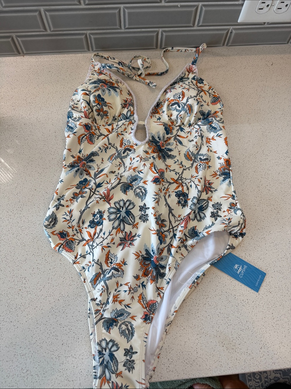 Cupshe Cream Floral One-Piece Swimsuit with Blue and Orange Accents